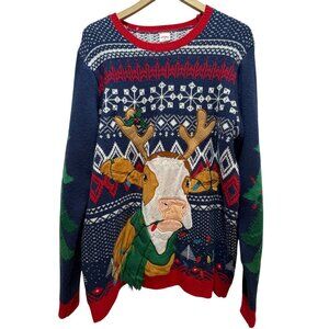 Holiday Time Ugly Christmas Sweater Reindeer L/G 42-44 knit Red Blue